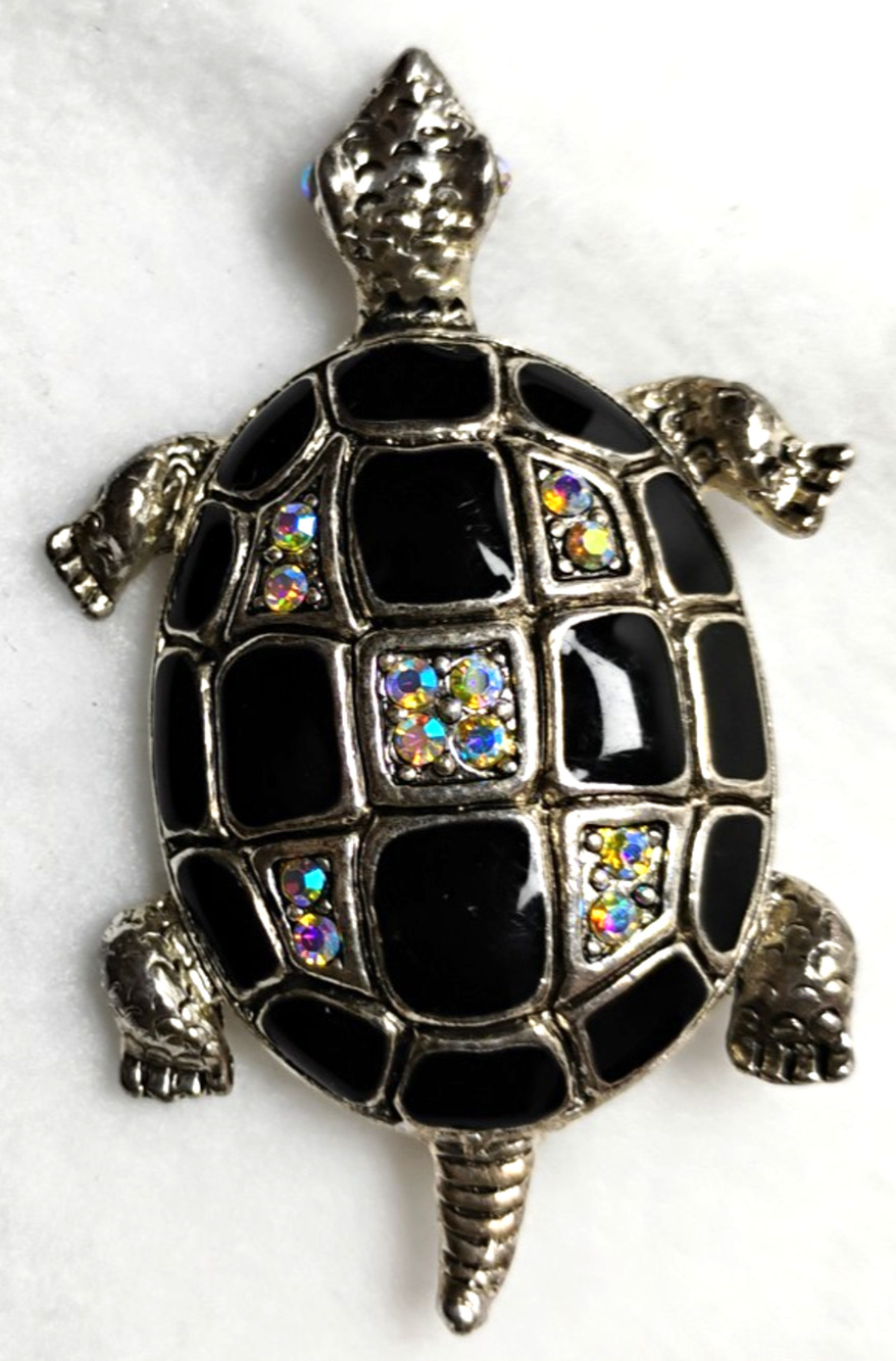 Black Enamel Turtle Brooch Pin Figural AB Rhinestone Grid Shell Silver Tone